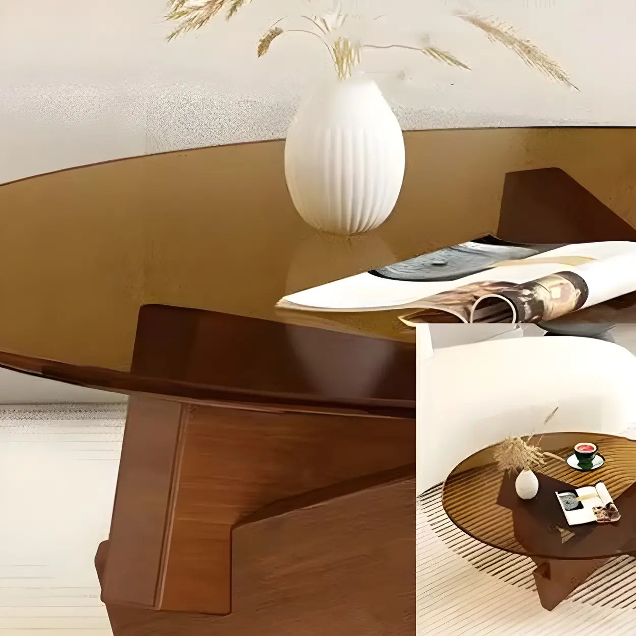 Round Glass Abstract Wood Base Coffee Table — Tawny / Walnut