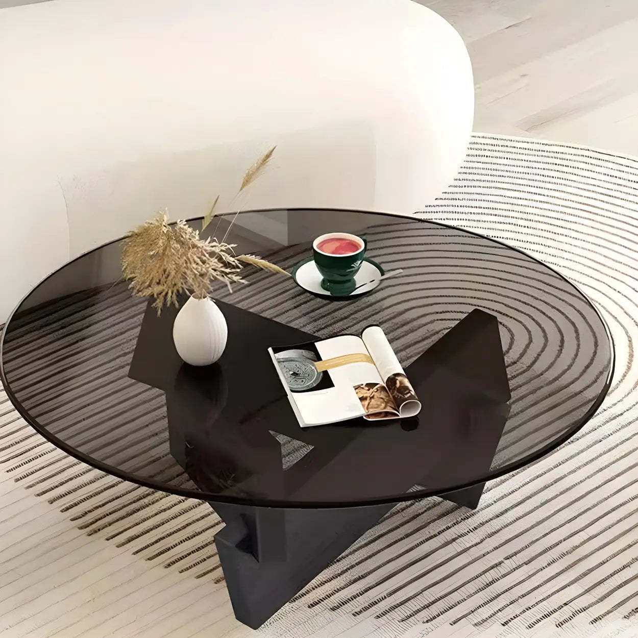 Round Glass Abstract Wood Base Coffee Table — Clear / Black