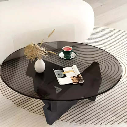 Round Glass Abstract Wood Base Coffee Table — Clear / Black
