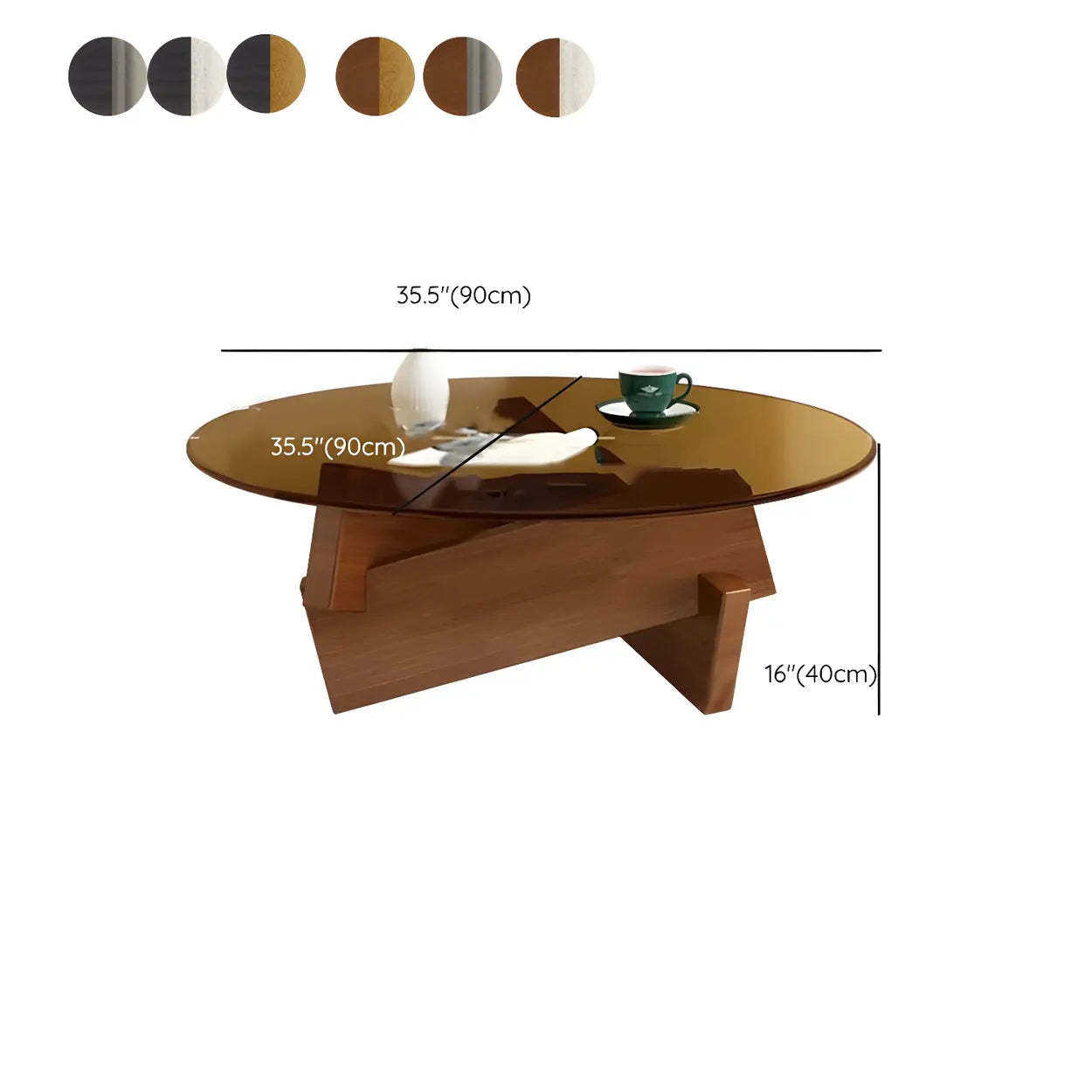 Round Glass Abstract Wood Base Coffee Table — Tawny / Black