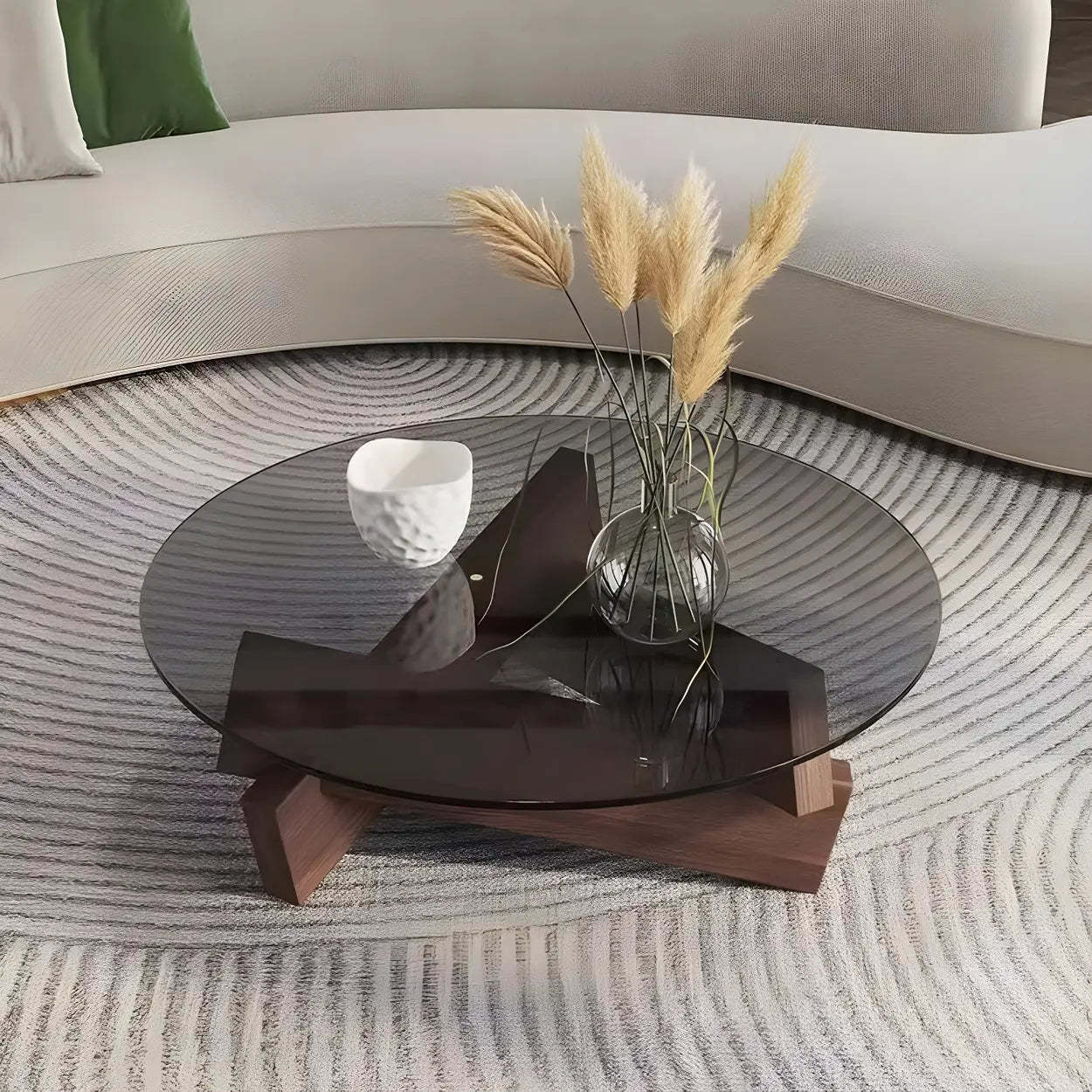 Round Glass Abstract Wood Base Coffee Table — Tawny / Walnut