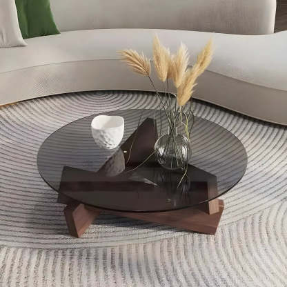 Round Glass Abstract Wood Base Coffee Table — Tawny / Walnut