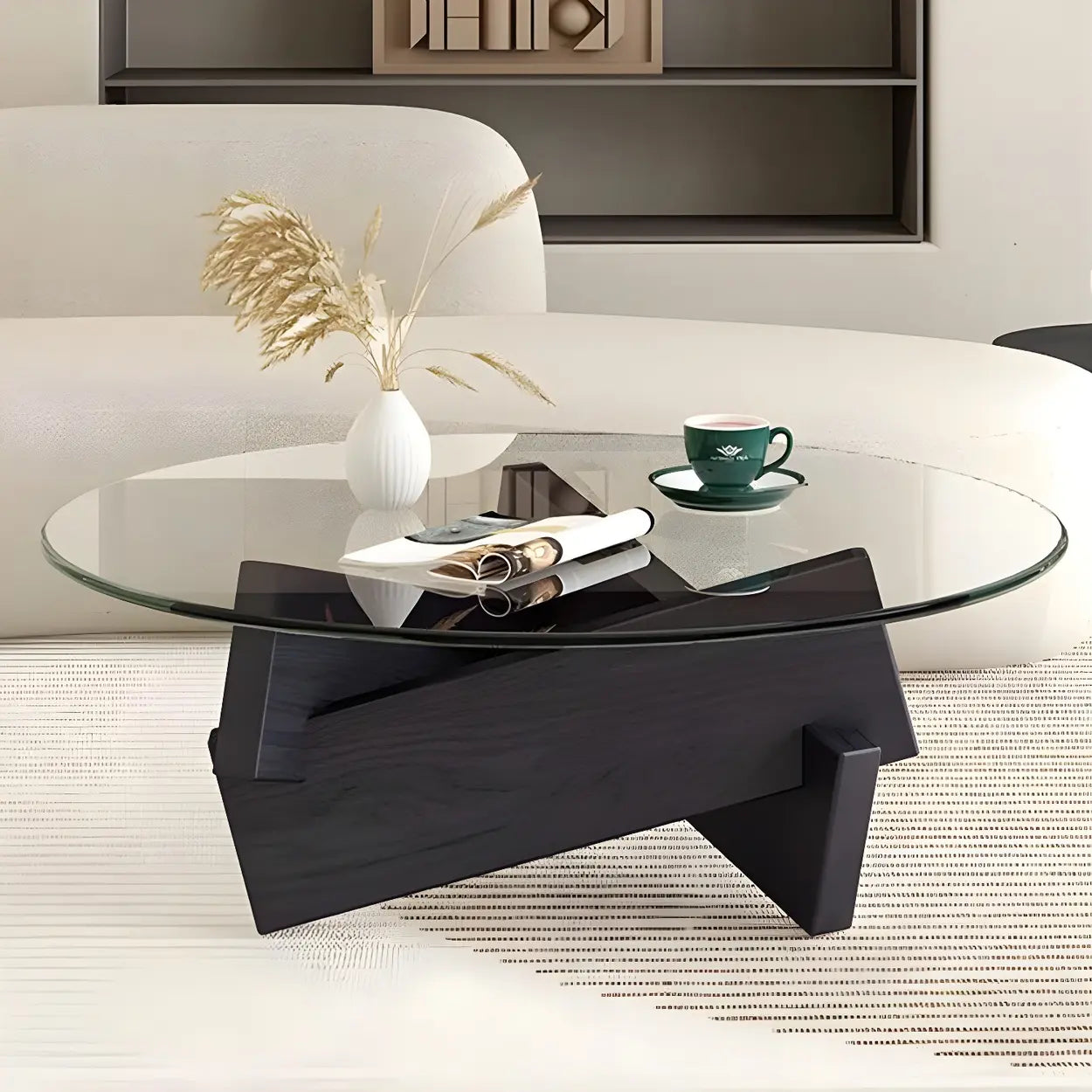 Round Glass Abstract Wood Base Coffee Table — Clear / Walnut