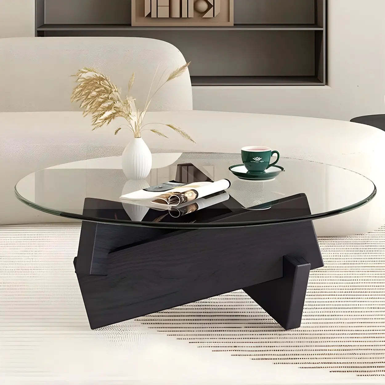 Round Glass Abstract Wood Base Coffee Table — Clear / Walnut