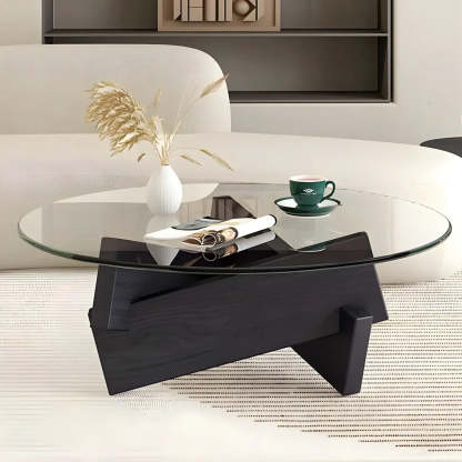 Round Glass Abstract Wood Base Coffee Table — Clear / Walnut