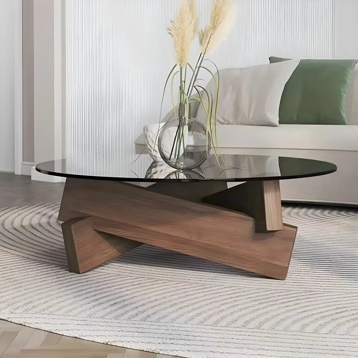 Round Glass Abstract Wood Base Coffee Table — Gray / Black