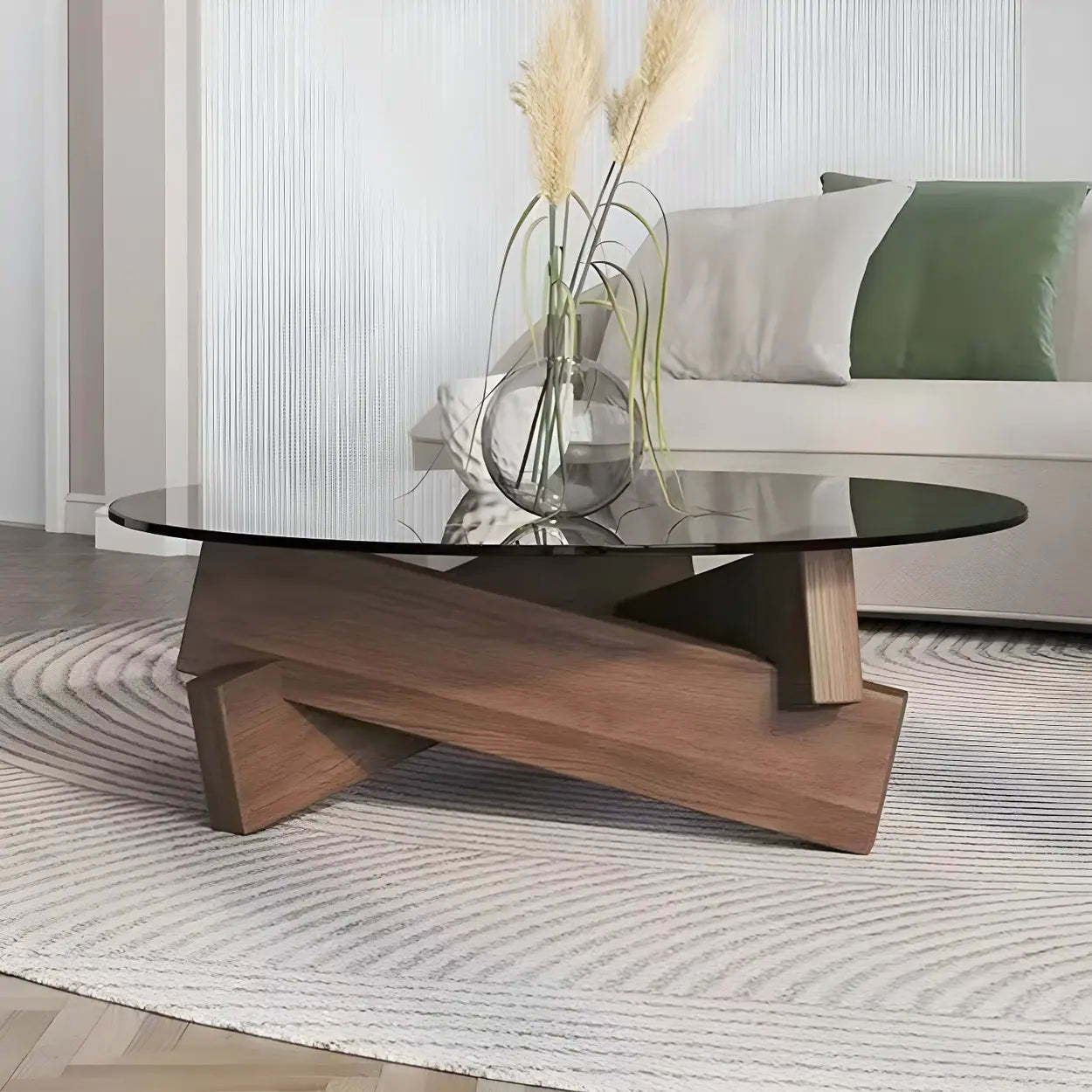 Round Glass Abstract Wood Base Coffee Table — Gray / Black