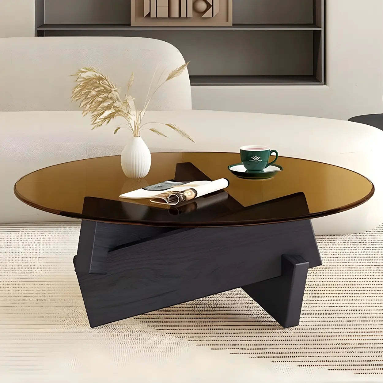 Round Glass Abstract Wood Base Coffee Table — Gray / Walnut