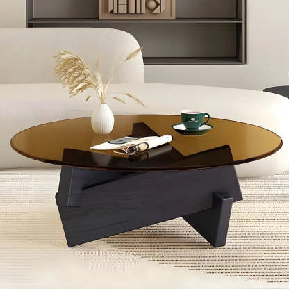 Round Glass Abstract Wood Base Coffee Table — Gray / Walnut