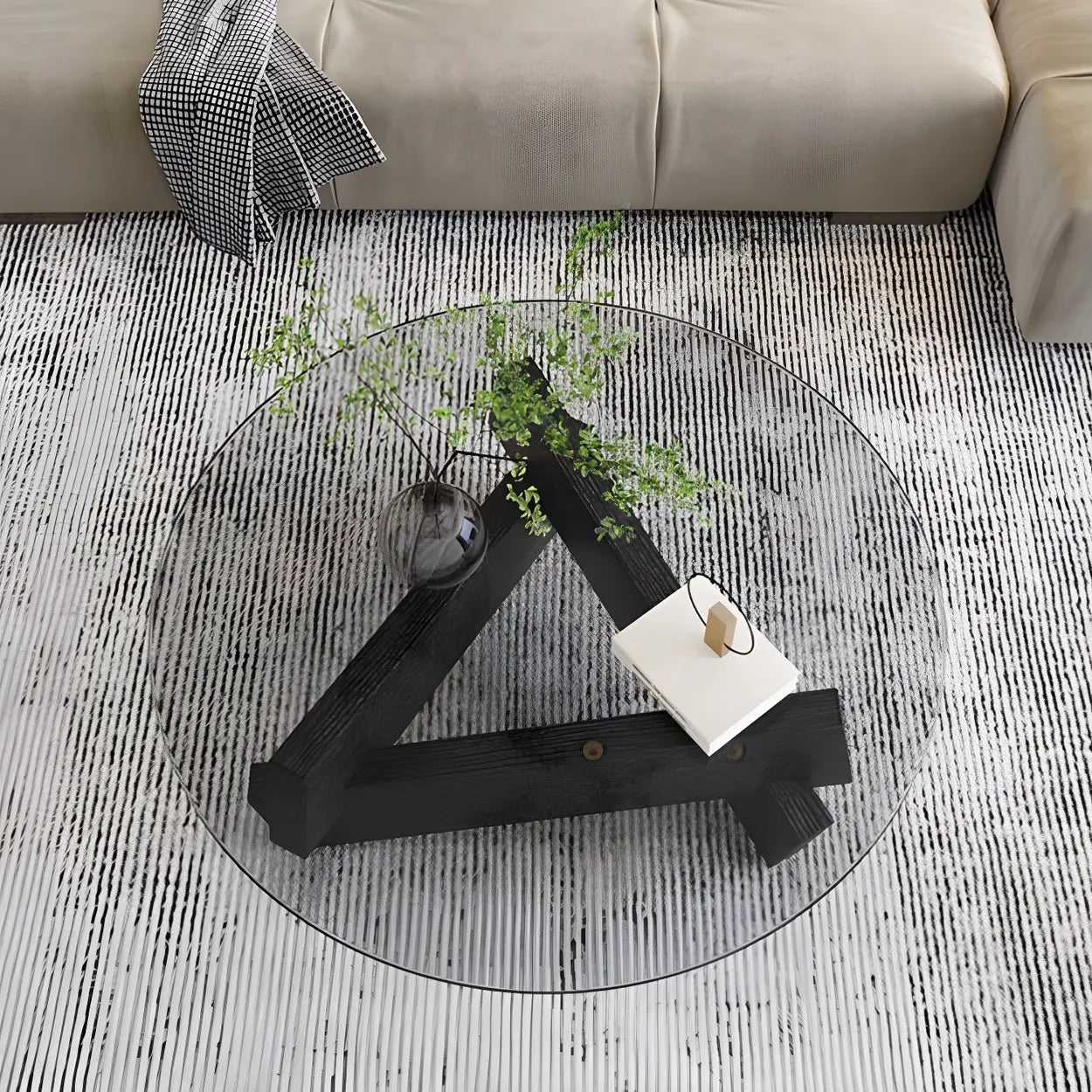 Round Glass Abstract Wood Base Coffee Table — Tawny / Black
