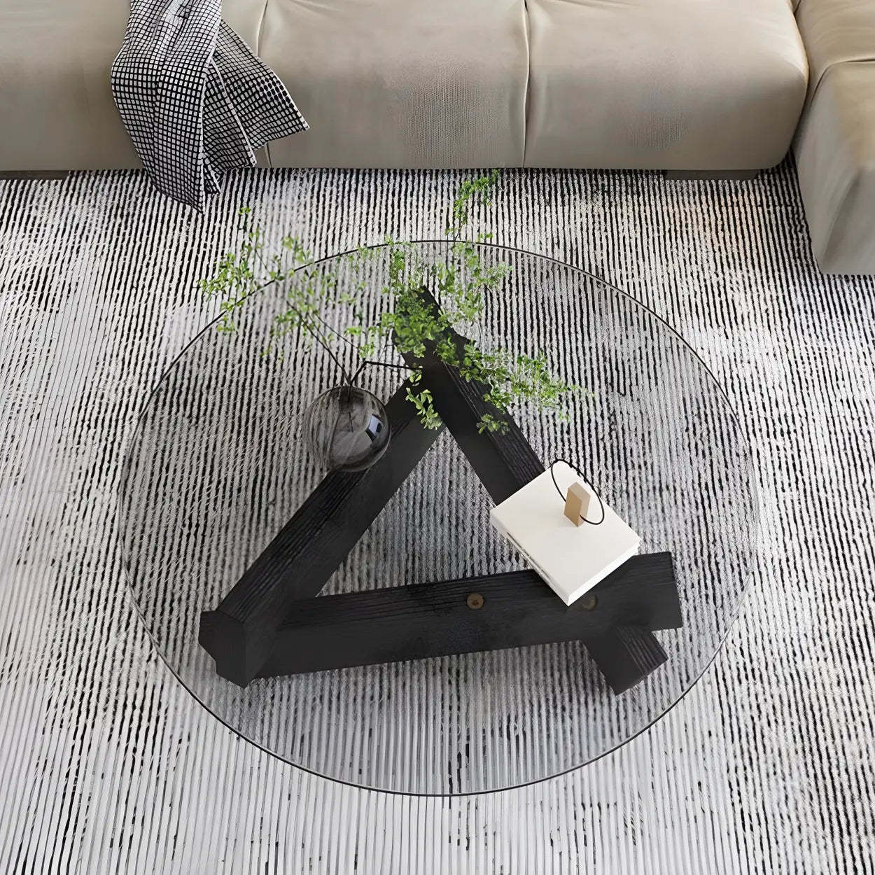 Round Glass Abstract Wood Base Coffee Table — Tawny / Black