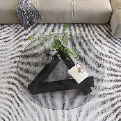 Round Glass Abstract Wood Base Coffee Table — Tawny / Black