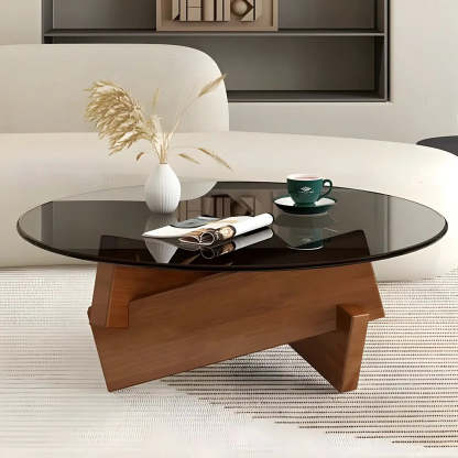 Round Glass Abstract Wood Base Coffee Table — Tawny / Walnut