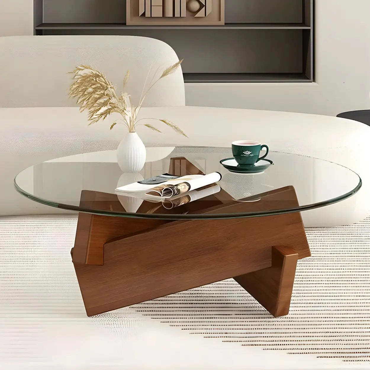 Round Glass Abstract Wood Base Coffee Table — Clear / Walnut