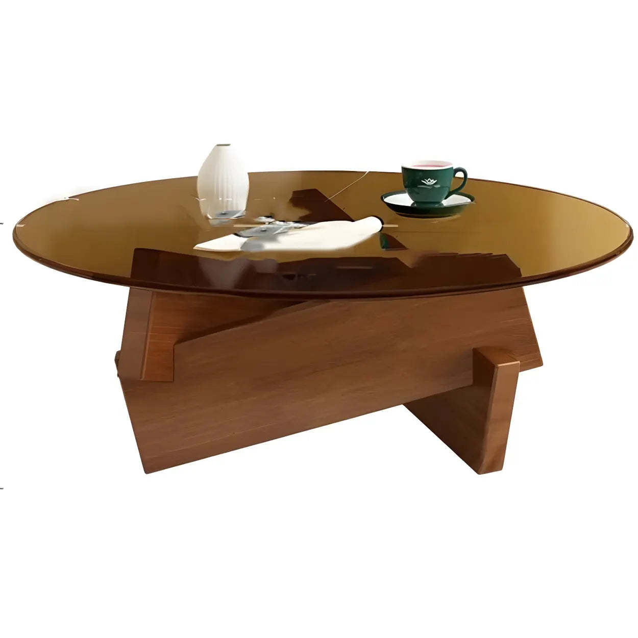 Round Glass Abstract Wood Base Coffee Table — Gray / Black