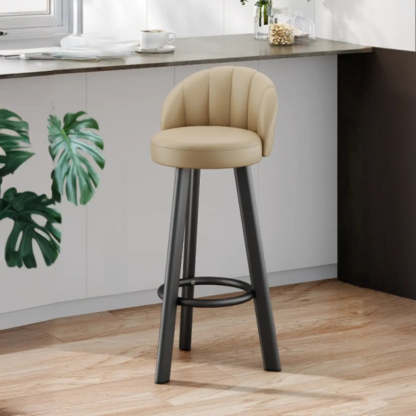 Round Leather Bar Stool with Back and Footrest — Brown / Black/ Gold