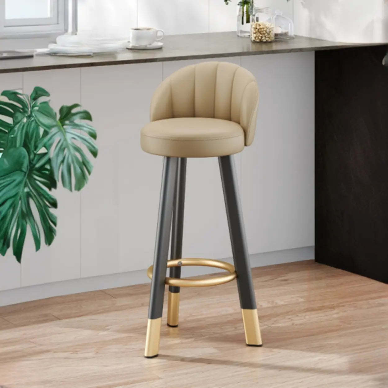 Round Leather Bar Stool with Back and Footrest — Orange / Black