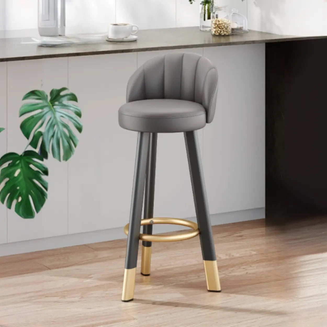 Round Leather Bar Stool with Back and Footrest — Orange / Black/ Gold