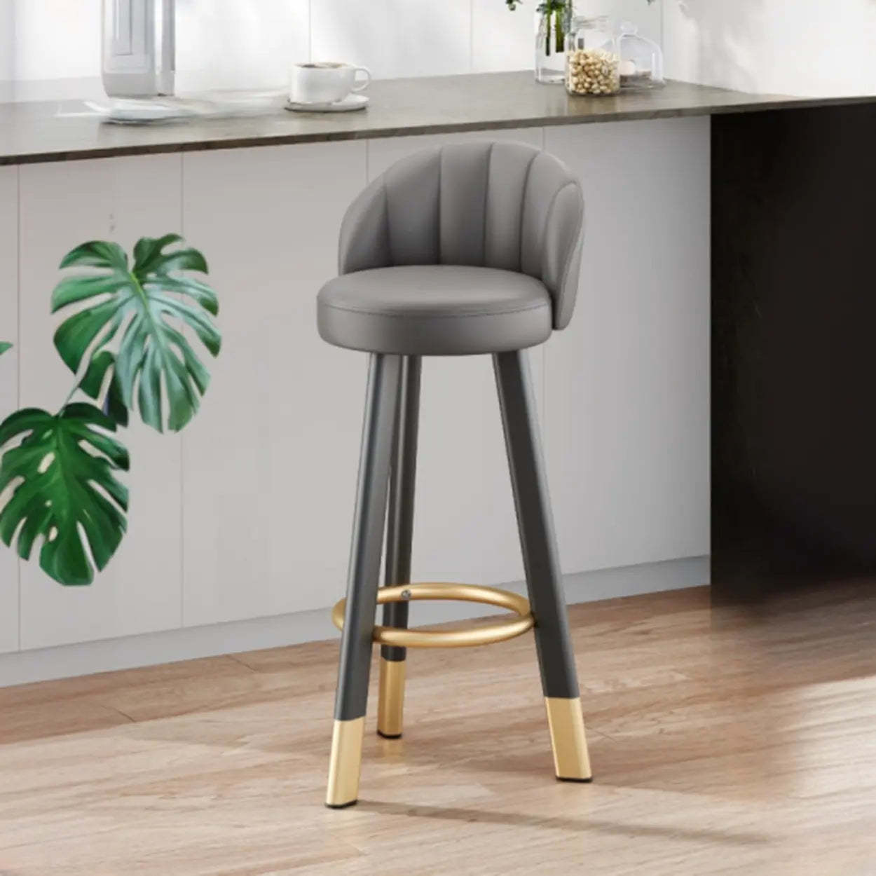 Round Leather Bar Stool with Back and Footrest — Orange / Black/ Gold