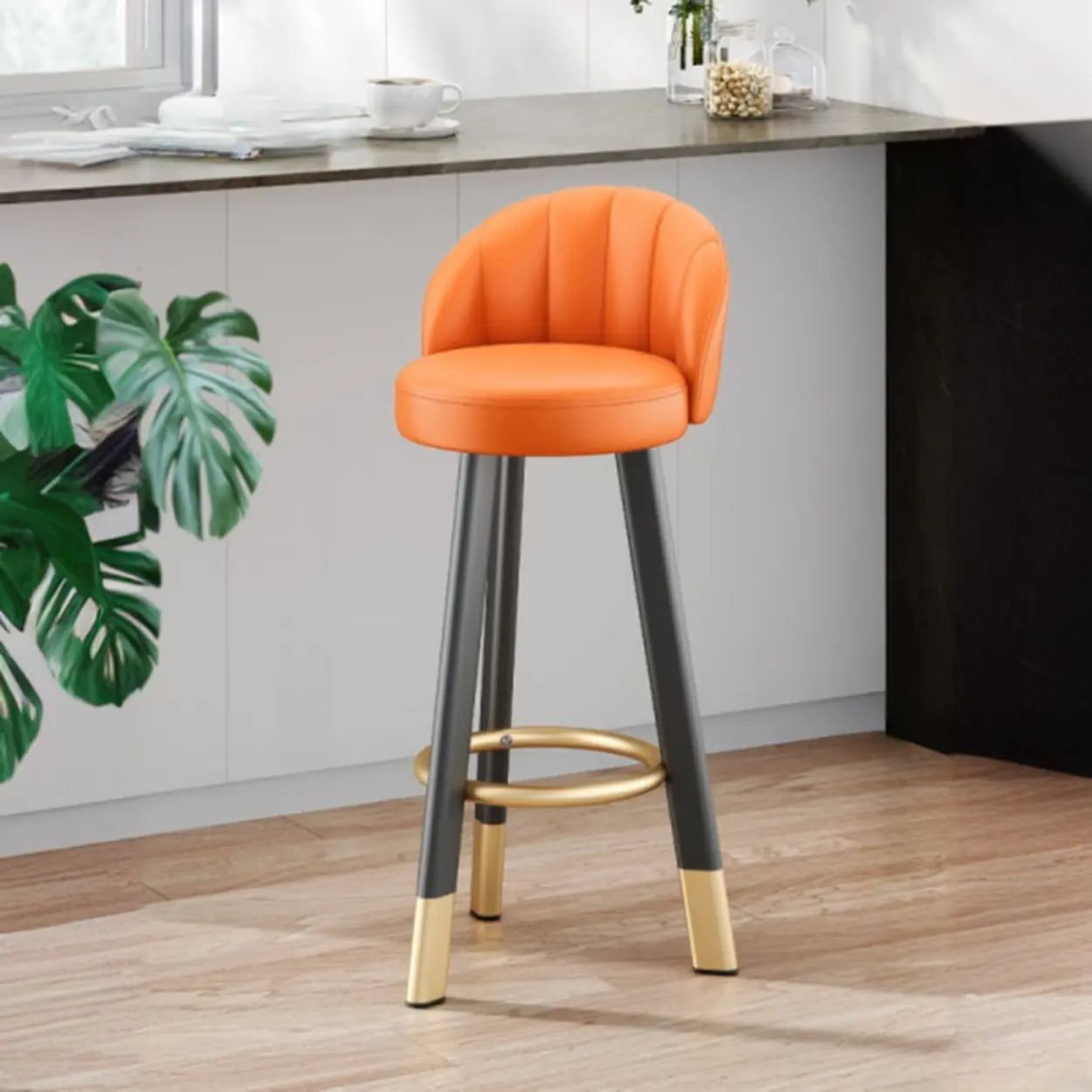 Round Leather Bar Stool with Back and Footrest