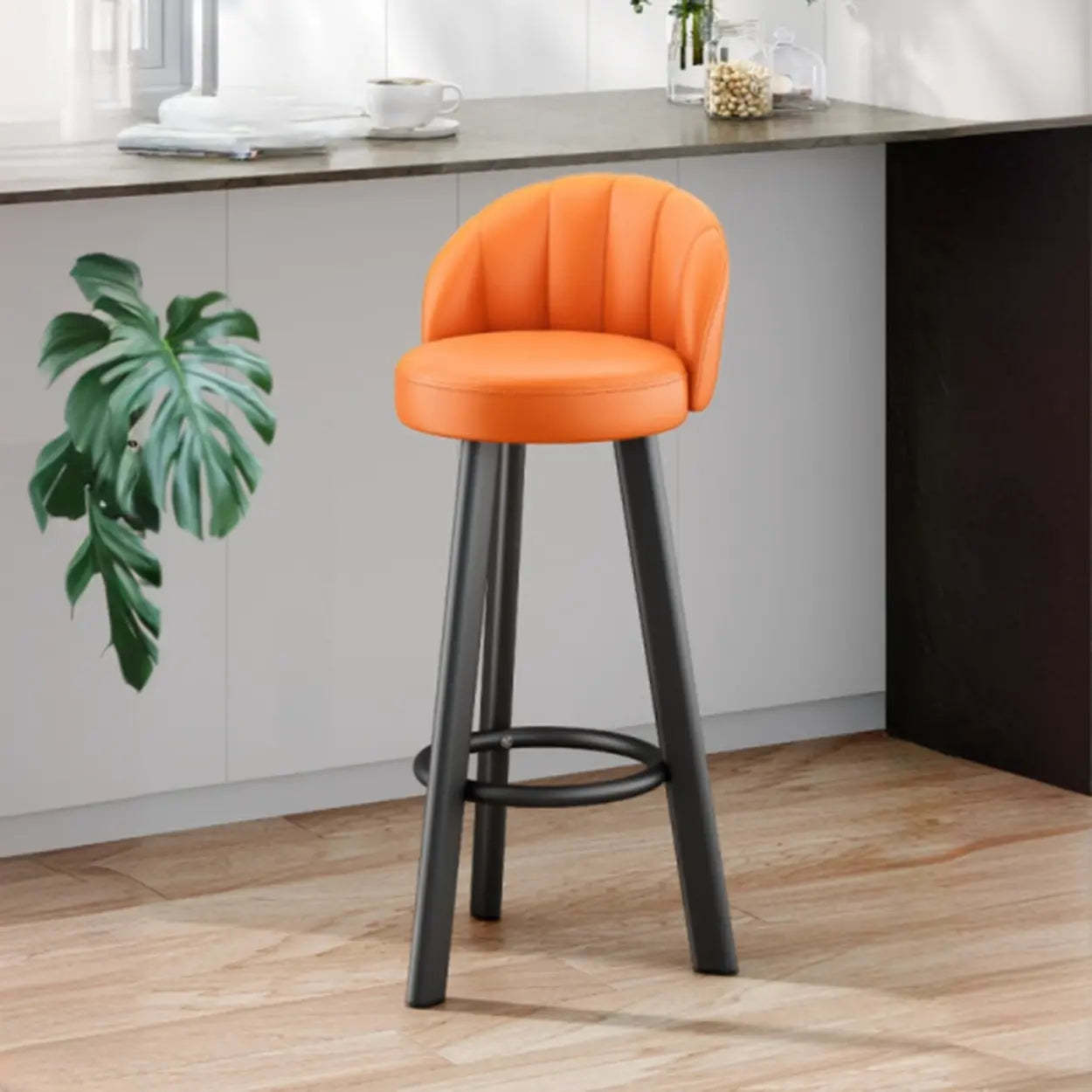 Round Leather Bar Stool with Back and Footrest — Gray / Black
