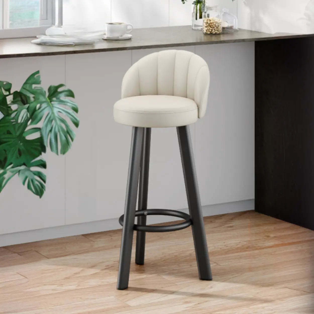 Round Leather Bar Stool with Back and Footrest — Gray / Black/ Gold