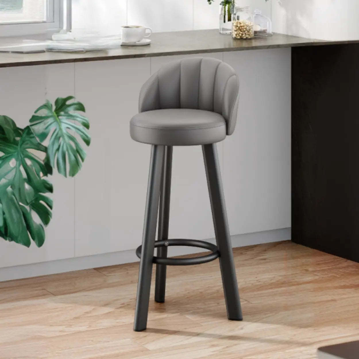 Gray leather round footrest bar & counter stools - modern — Black