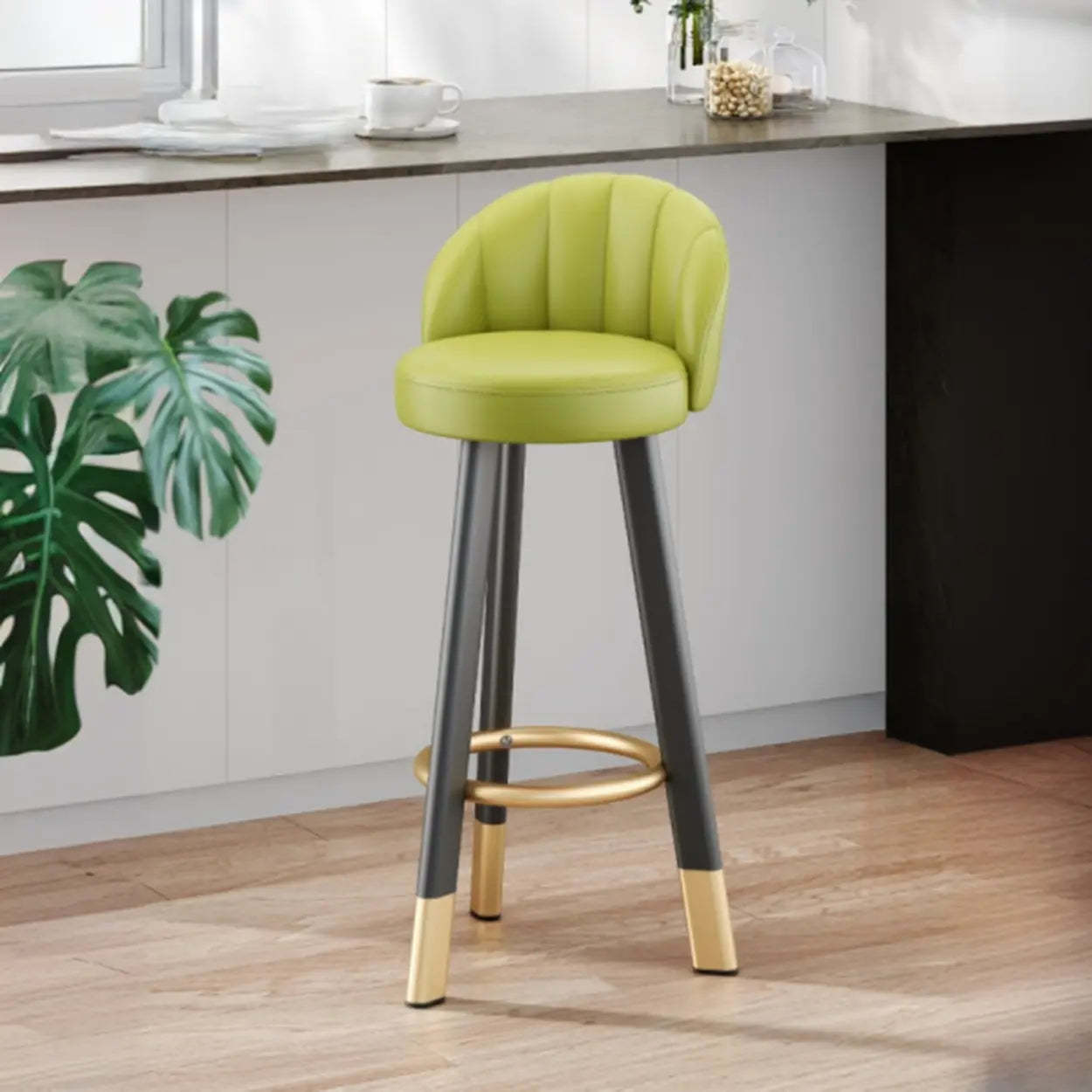 Round Leather Bar Stool with Back and Footrest — Blue / Black/ Gold