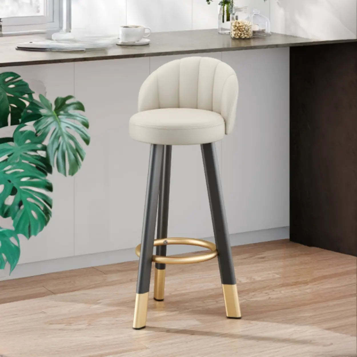 Round Leather Bar Stool with Back and Footrest — Green / Black/ Gold