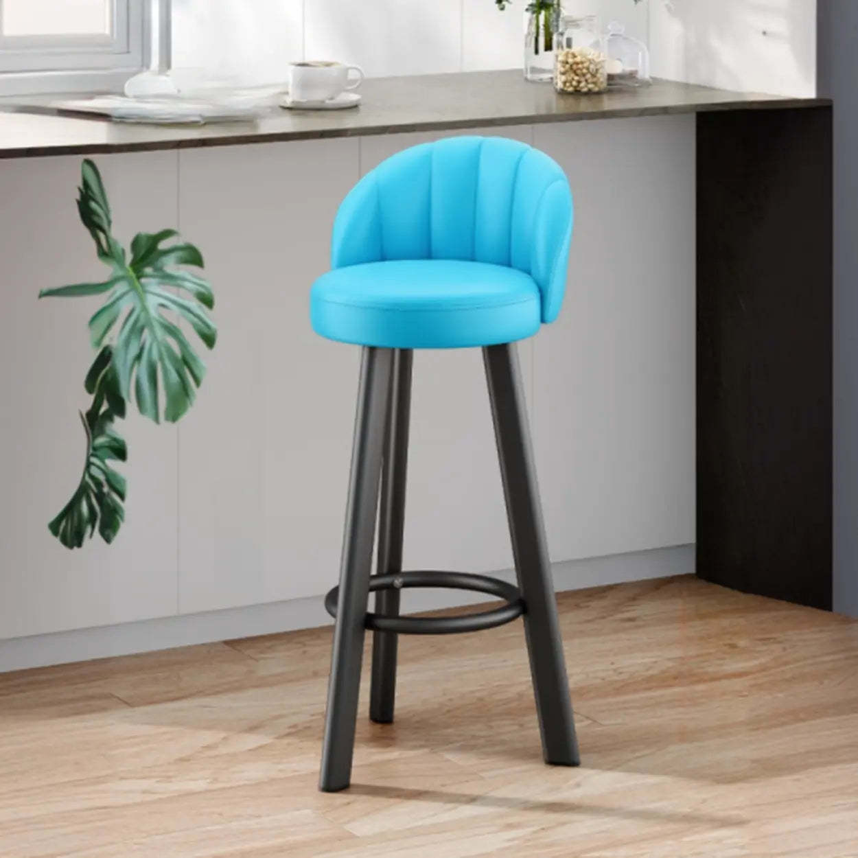 Round Leather Bar Stool with Back and Footrest — Brown / Black