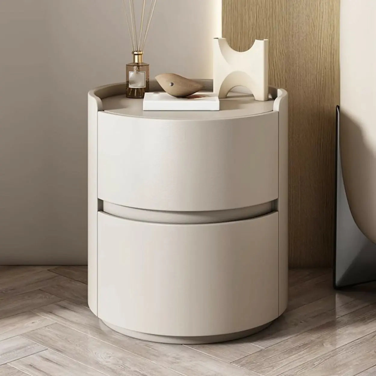 Simple Round Off-White Wood Drawer Nightstand