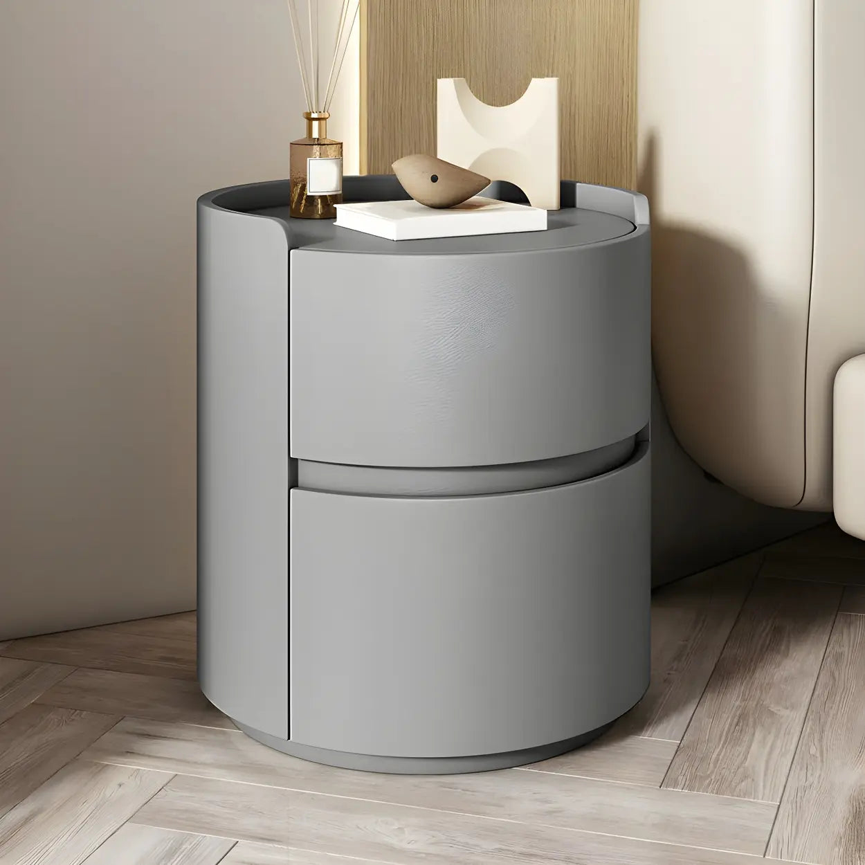 Simple Round Off-White Wood Drawer Nightstand — Avocado Green / Wood & Microfiber Leather