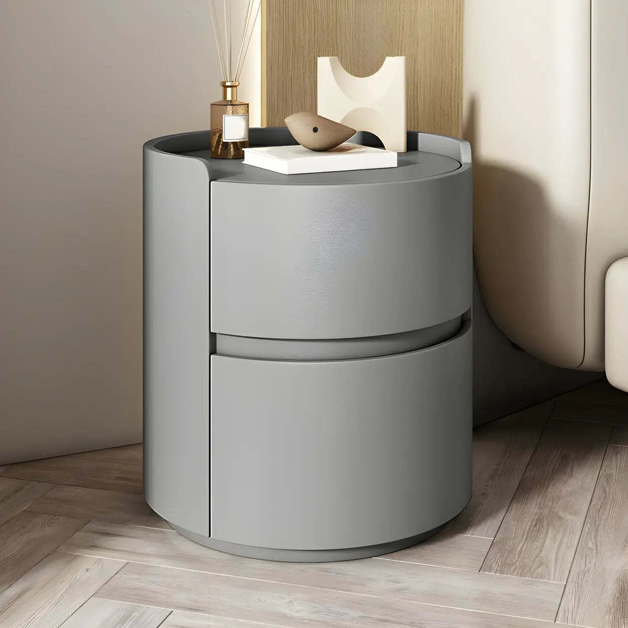 Simple Round Off-White Wood Drawer Nightstand — Avocado Green / Wood & Microfiber Leather