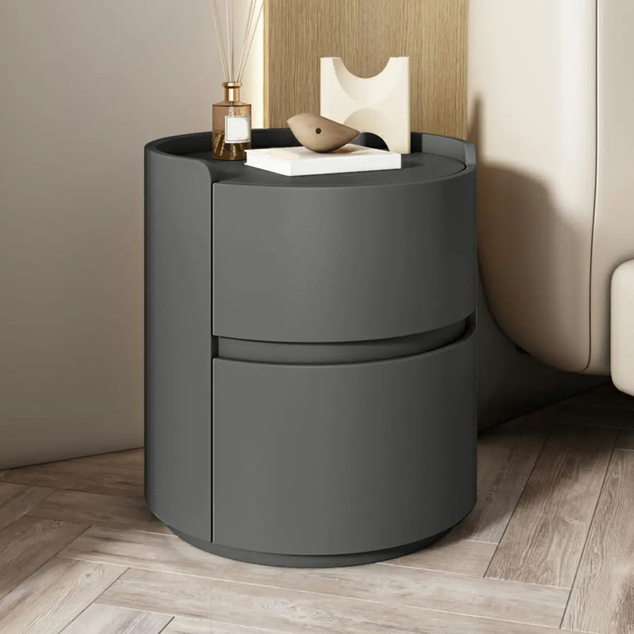 Simple Round Off-White Wood Drawer Nightstand — Orange / Wood & Barenia Leather