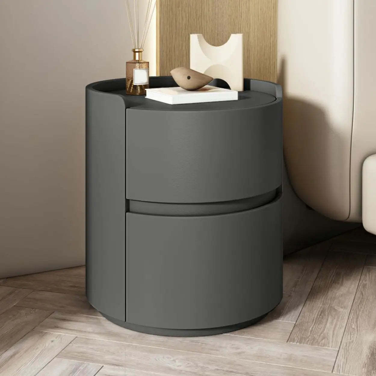 Simple Round Off-White Wood Drawer Nightstand — Orange / Wood & Barenia Leather