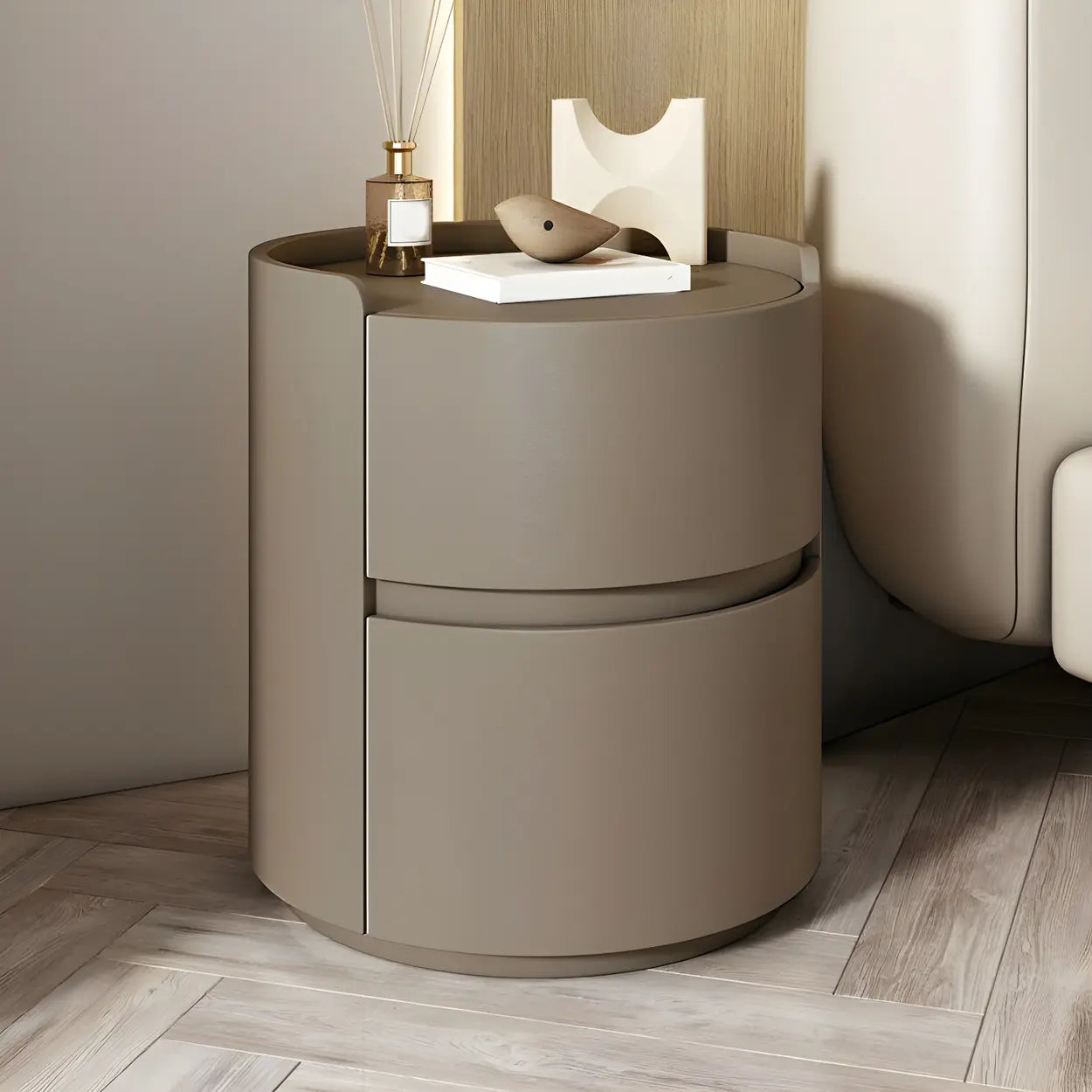 Simple Round Off-White Wood Drawer Nightstand — Grey / Wood & Barenia Leather