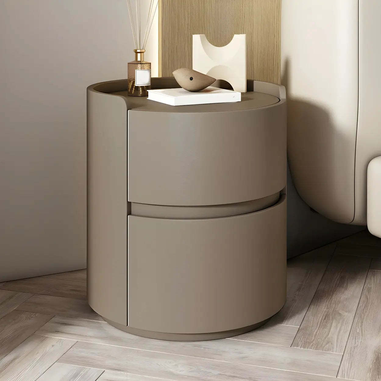 Simple Round Off-White Wood Drawer Nightstand — Grey / Wood & Barenia Leather