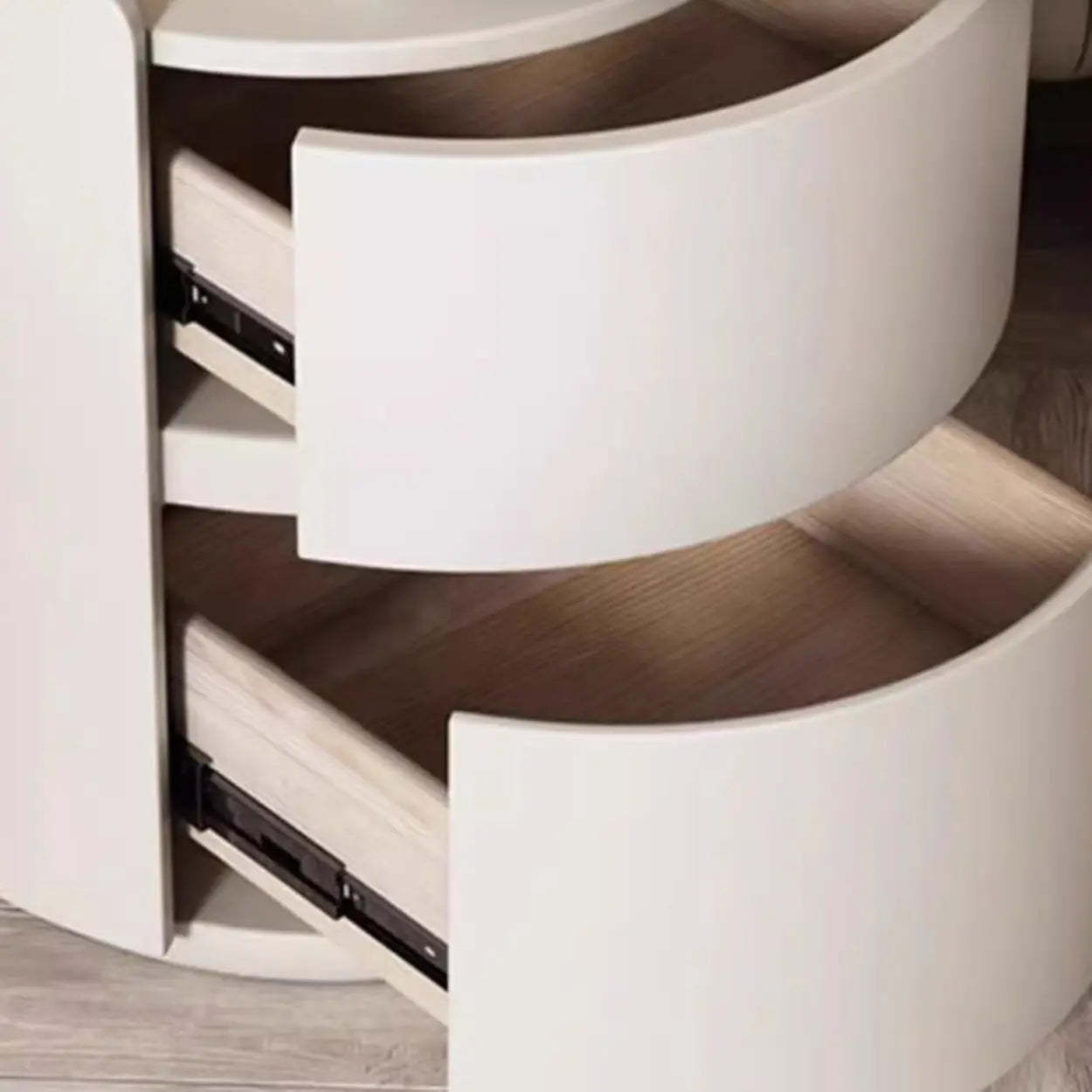 Simple Round Off-White Wood Drawer Nightstand — Dark Coffee / Wood & Microfiber Leather