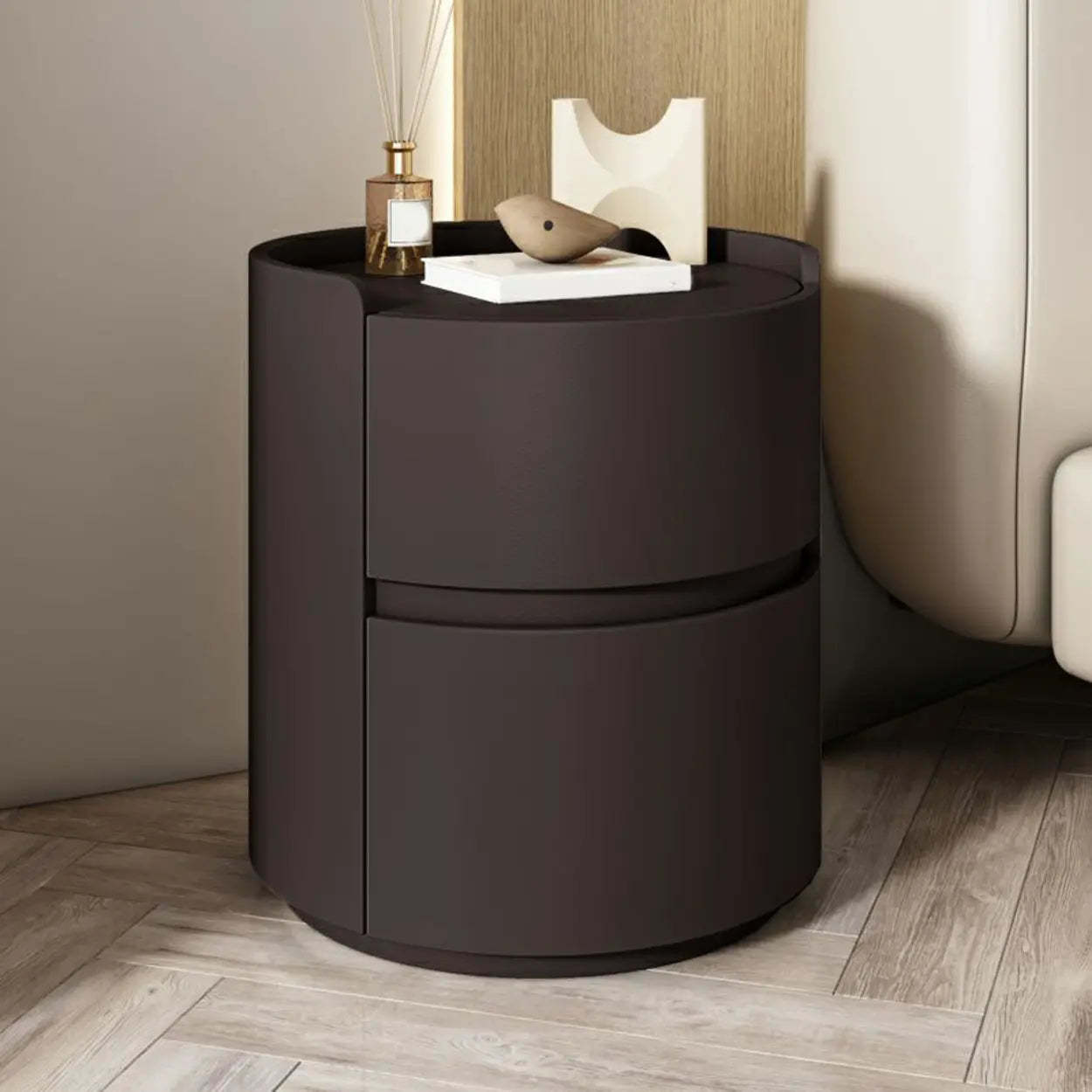 Simple Round Off-White Wood Drawer Nightstand — Dark Gray / Wood & Microfiber Leather