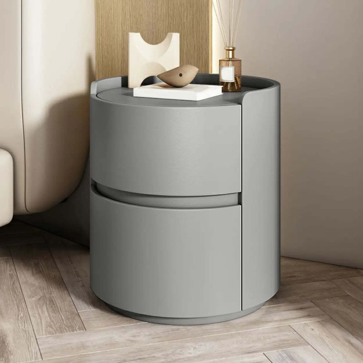Simple Round Off-White Wood Drawer Nightstand — Light Gray / Wood & Barenia Leather
