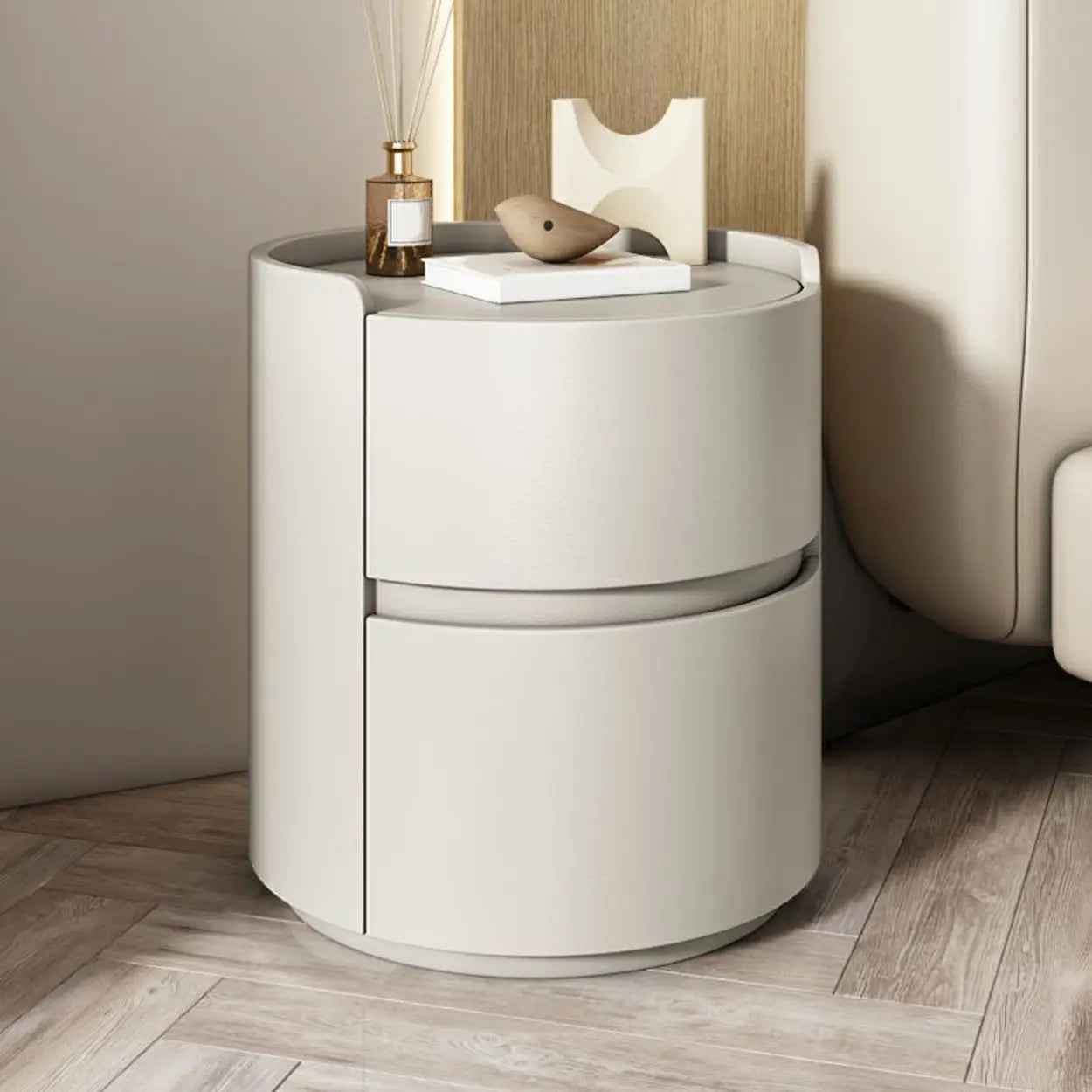 Simple Round Off-White Wood Drawer Nightstand — Black / Wood & Barenia Leather