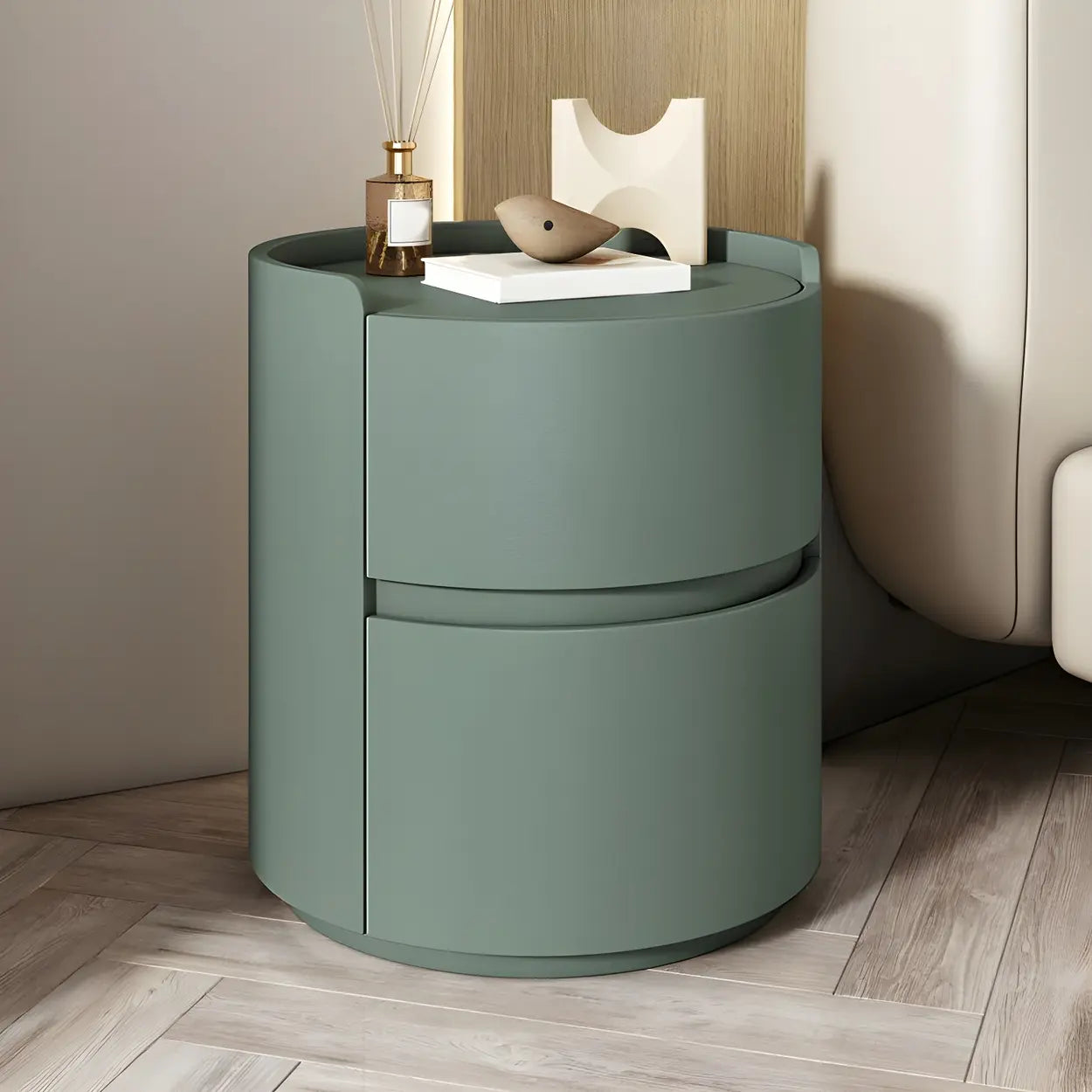 Simple Round Off-White Wood Drawer Nightstand — Black / Wood & Microfiber Leather