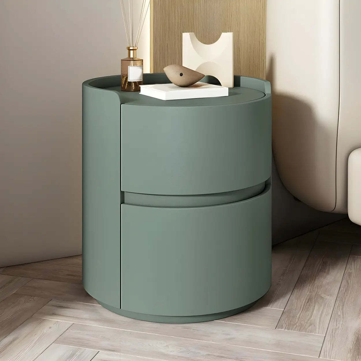 Simple Round Off-White Wood Drawer Nightstand — Black / Wood & Microfiber Leather