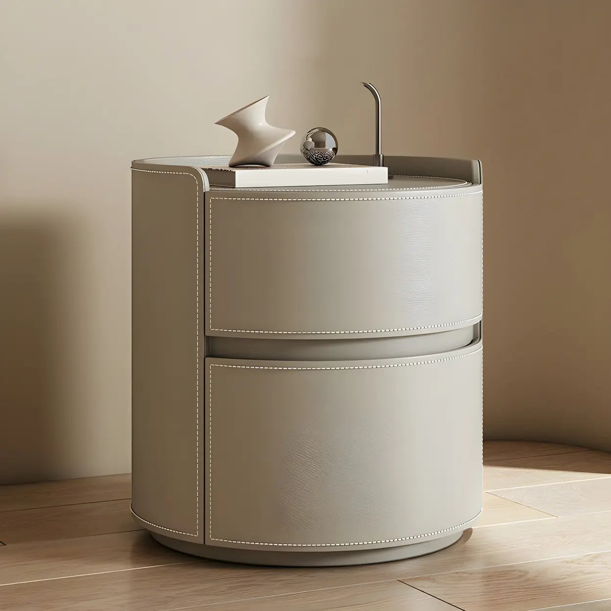 Simple Round Off-White Wood Drawer Nightstand — Black / Wood & Barenia Leather