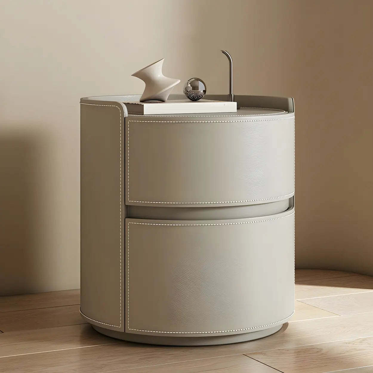 Simple Round Off-White Wood Drawer Nightstand — Black / Wood & Barenia Leather