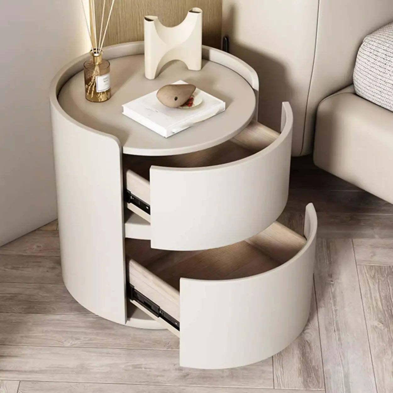 Simple Round Off-White Wood Drawer Nightstand — White / Wood & Microfiber Leather