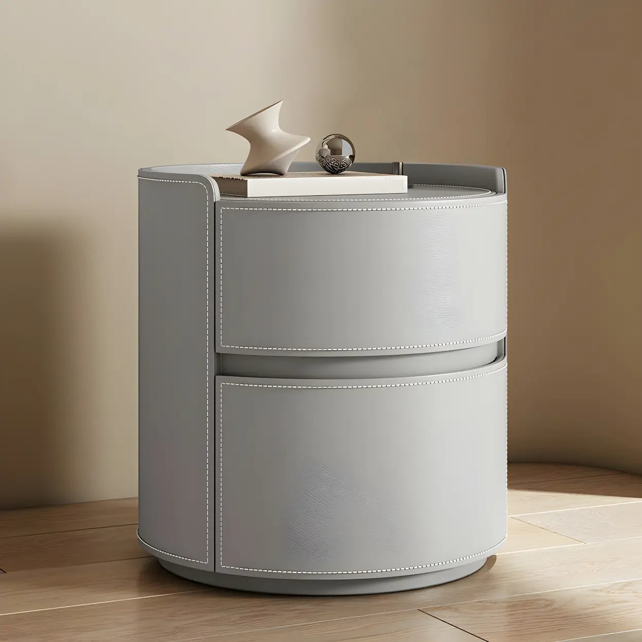 Simple Round Off-White Wood Drawer Nightstand — Off-White / Wood & Microfiber Leather