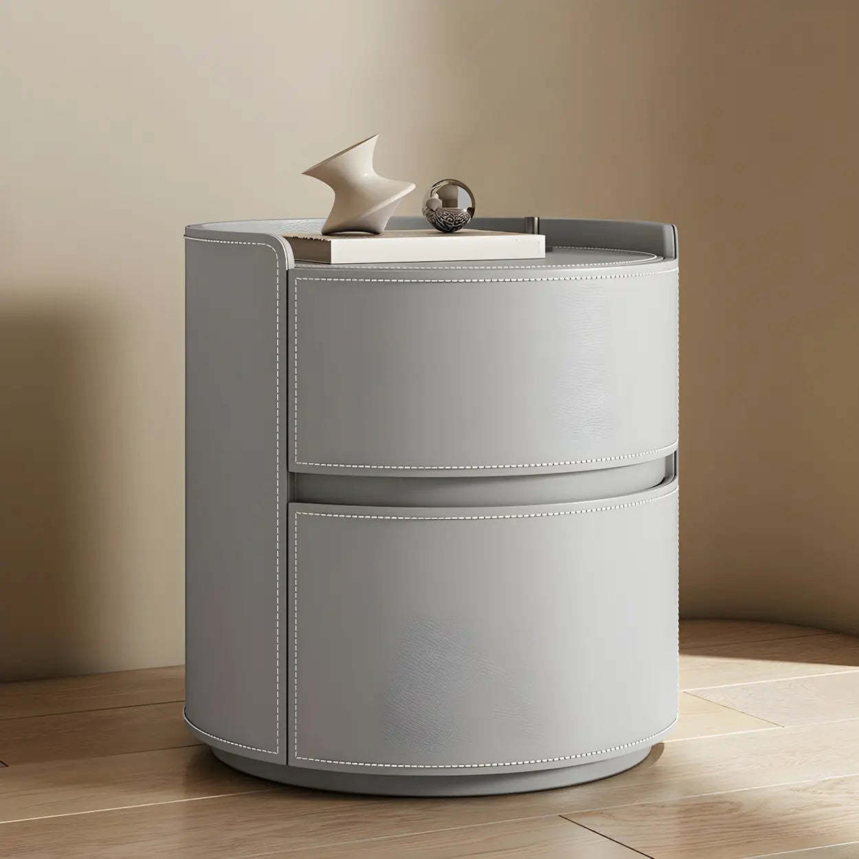 Simple Round Off-White Wood Drawer Nightstand — Off-White / Wood & Microfiber Leather