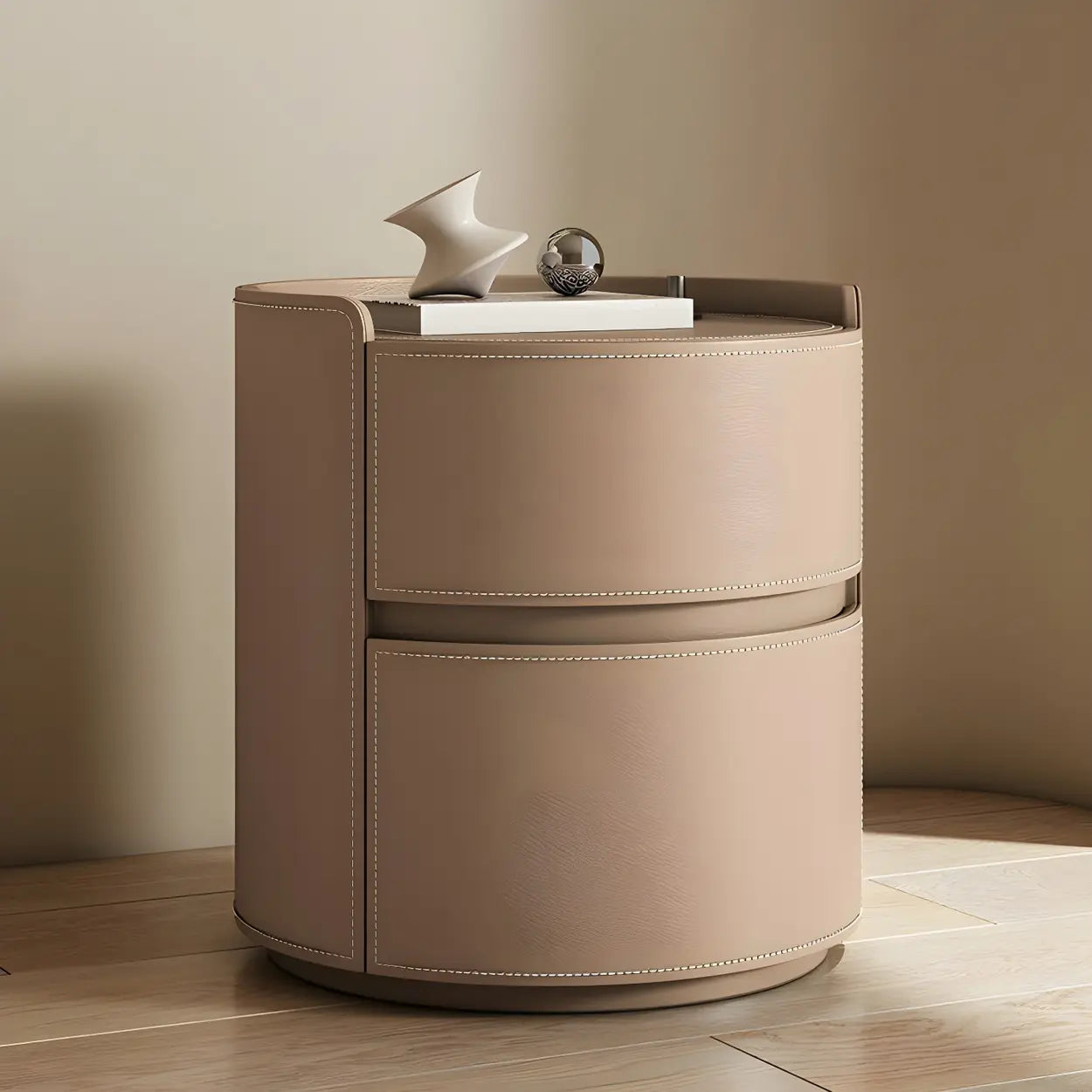 Simple Round Off-White Wood Drawer Nightstand — Off-White / Wood & Barenia Leather