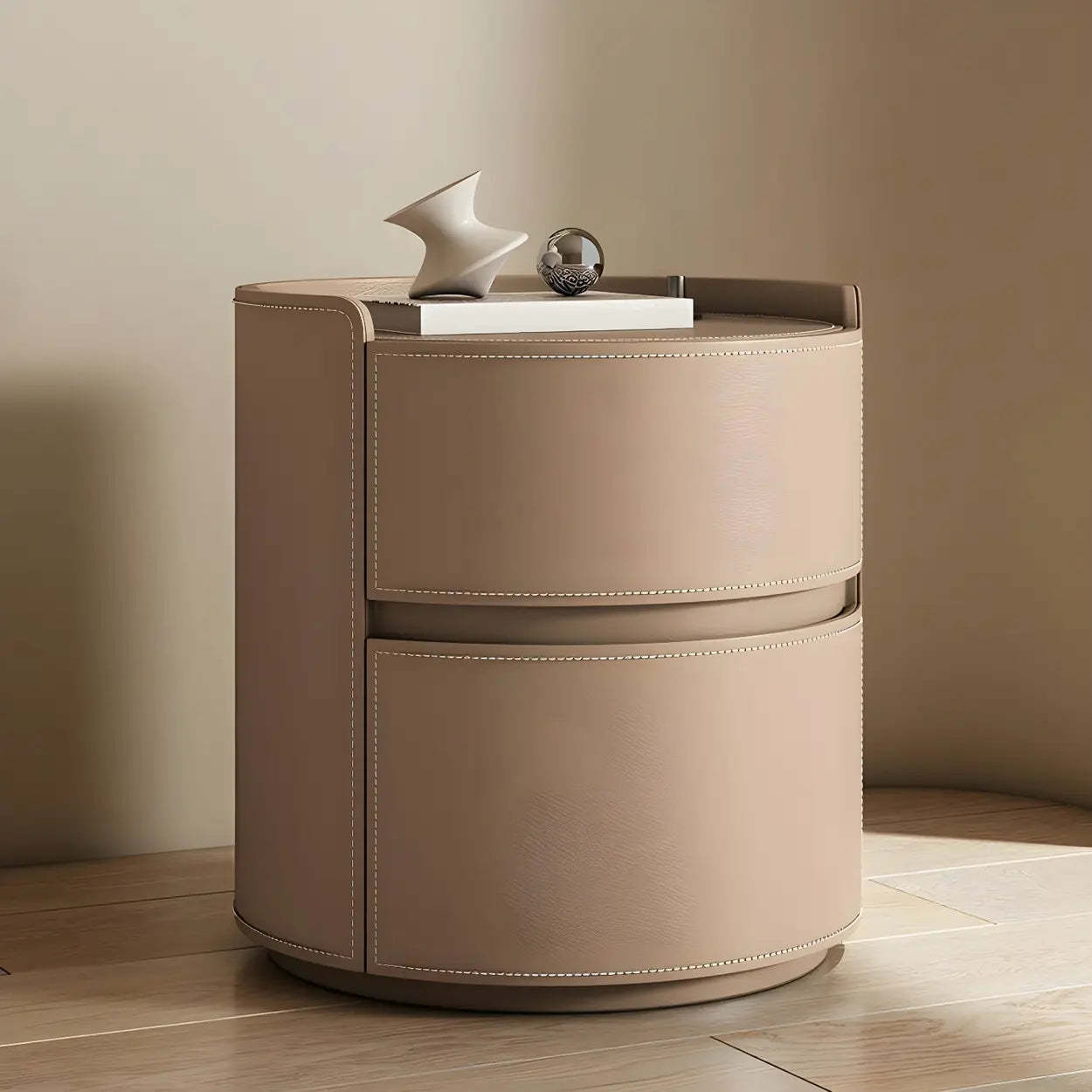 Simple Round Off-White Wood Drawer Nightstand — Off-White / Wood & Barenia Leather